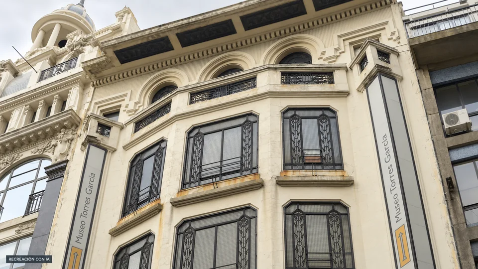 Recreación con IA de la fachada superior del Museo Torres García, con mirador facetado, rejas geométricas y tres arcos.