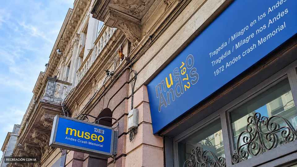 Recreación con IA de la entrada del Museo Andes 1972, con carteles azules, fachada de piedra y reja ornamental; referencia fechada de forma contradictoria en 2022 y 2023.