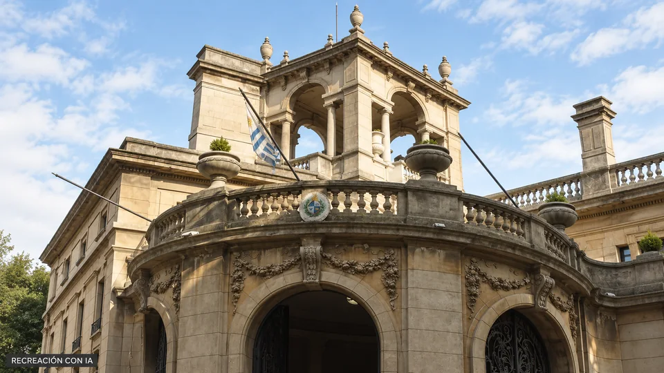 Recreación con IA de la esquina del Palacio Taranco, con grandes arcos, terraza curva, balaustradas y pabellón superior.