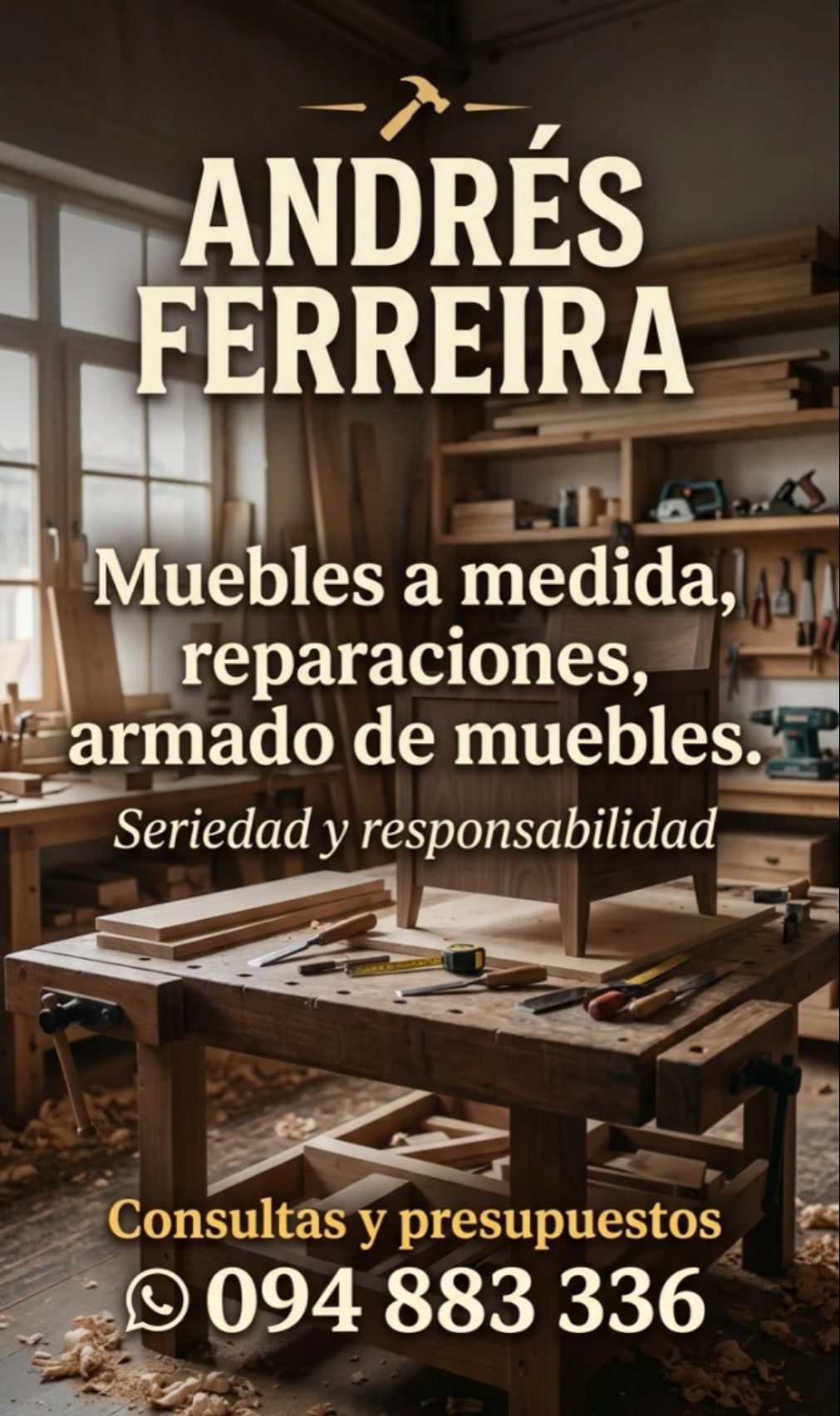 Afiche de Andrés Ferreira: muebles a medida, reparaciones y armado de muebles. Consultas y presupuestos por WhatsApp al 094 883 336.