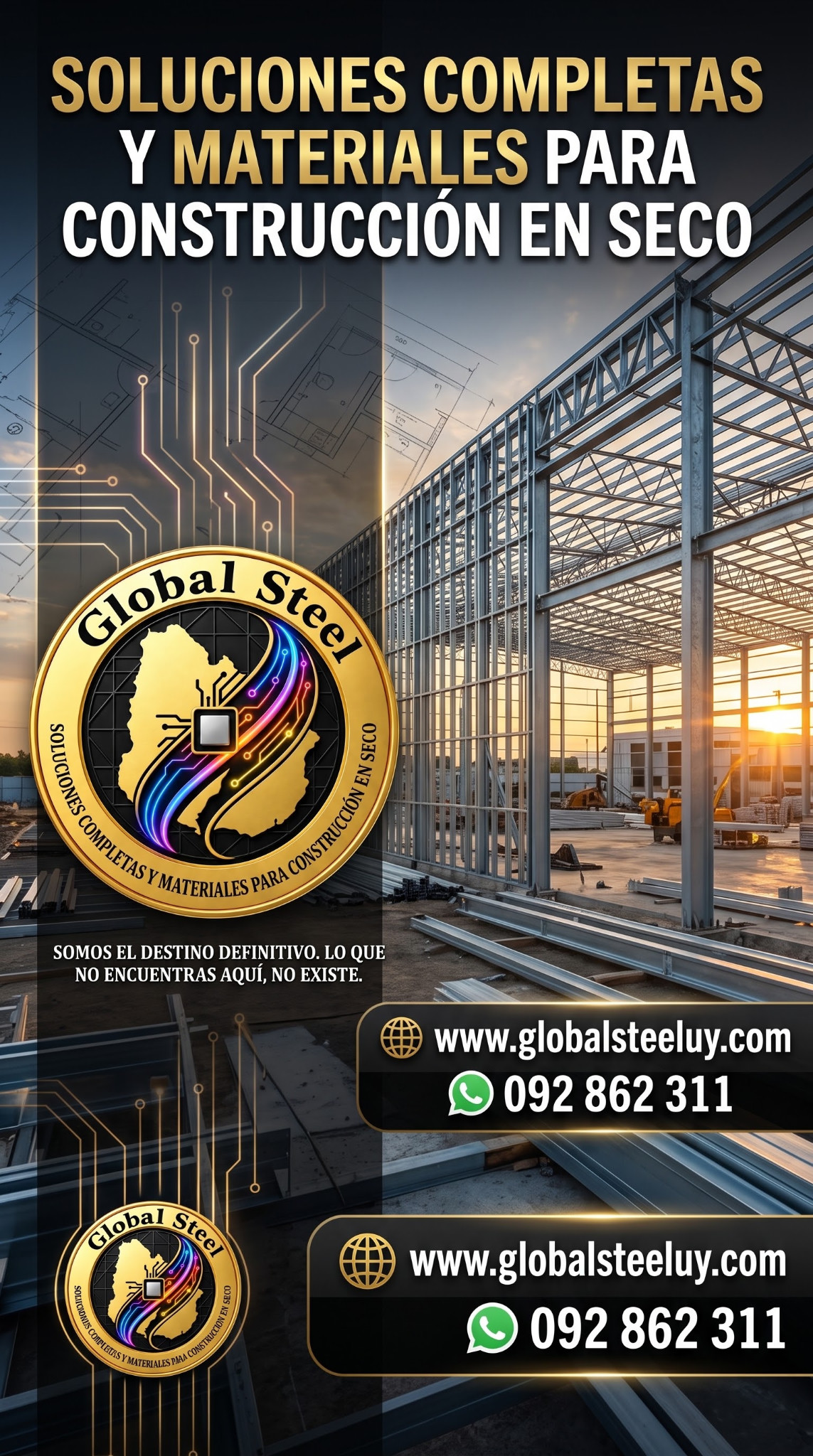 Afiche publicitario de Global Steel: soluciones y materiales para construcción en seco. Sitio globalsteeluy.com y WhatsApp 092 862 311.