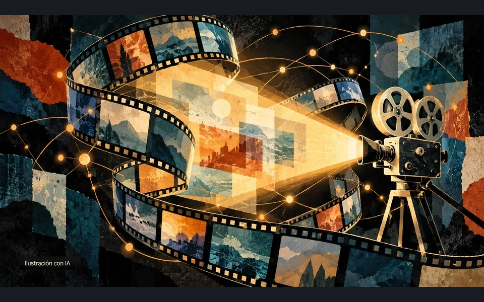 Ilustración editorial con IA: cámara de cine, cinta de película y conexiones luminosas.