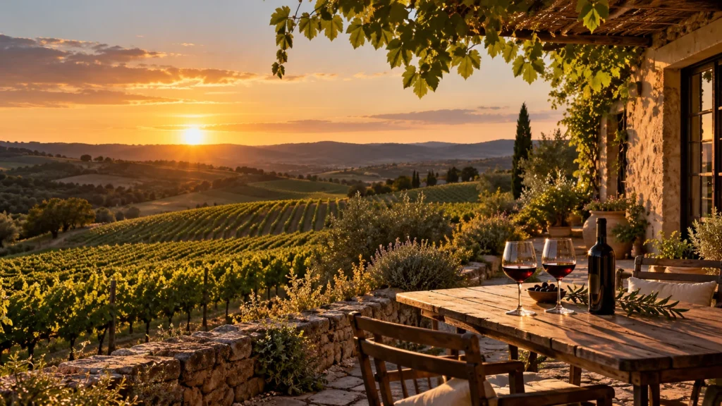 Ilustración editorial de un viñedo uruguayo al atardecer, con arquitectura rural y una mesa preparada para degustar vino.
