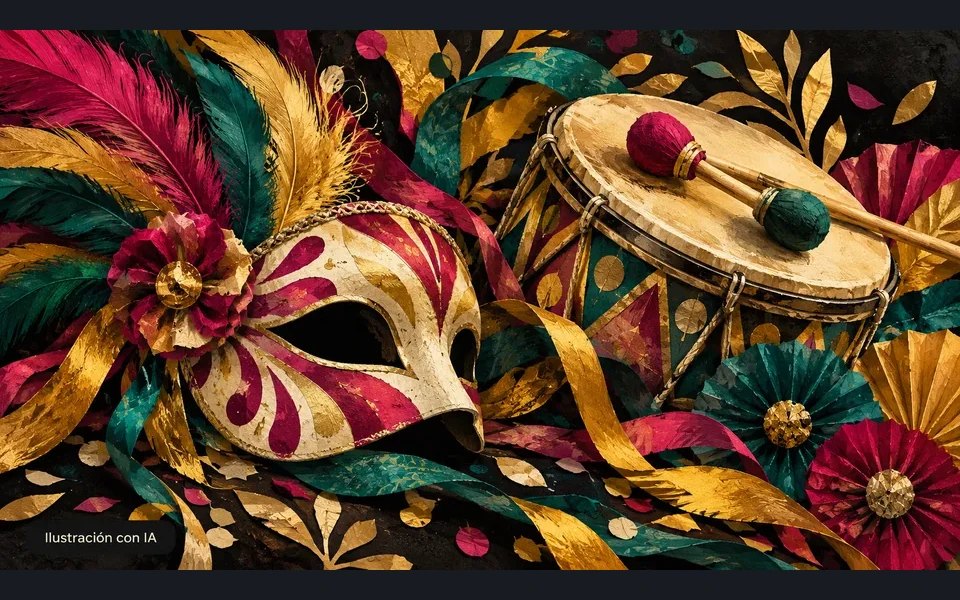 Ilustración editorial con IA: máscara, tambor y cintas de carnaval en ámbar, magenta y verde.