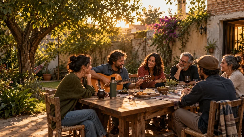 Ilustración editorial de personas adultas diversas compartiendo un encuentro cultural al aire libre en un patio uruguayo.