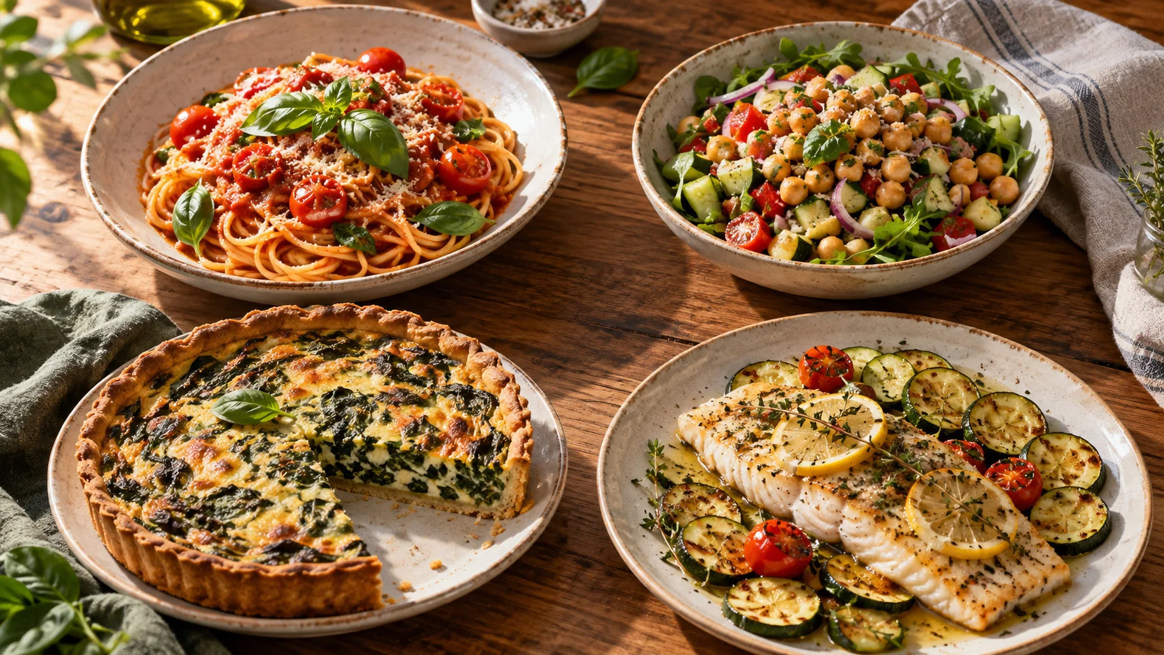 Selección ilustrativa de pasta, ensalada, tarta y pescado