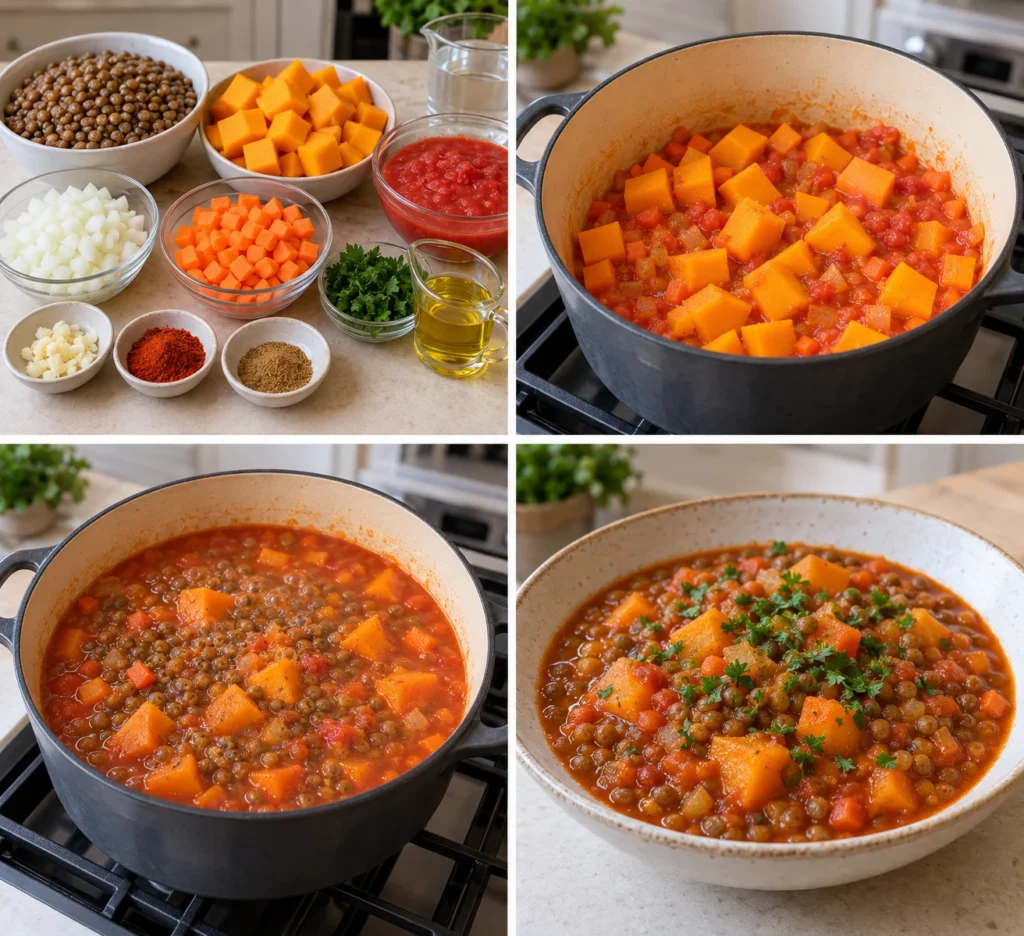 Lámina ilustrativa con ingredientes, zapallo y sofrito en cocción, cocción del guiso y plato terminado.