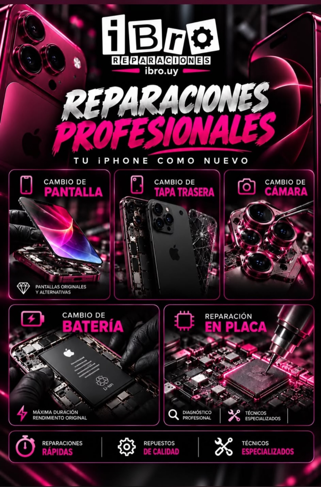 Aviso de iBro Reparaciones: cambios de pantalla, tapa trasera, cámara y batería, y reparación en placa.