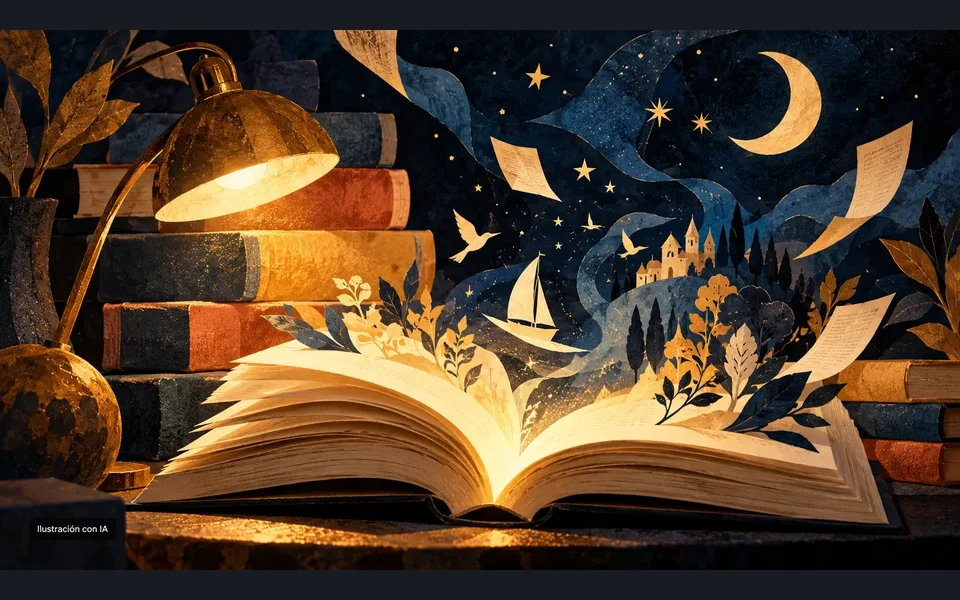Ilustración editorial con IA: libro abierto y lámpara bajo un cielo nocturno imaginario.