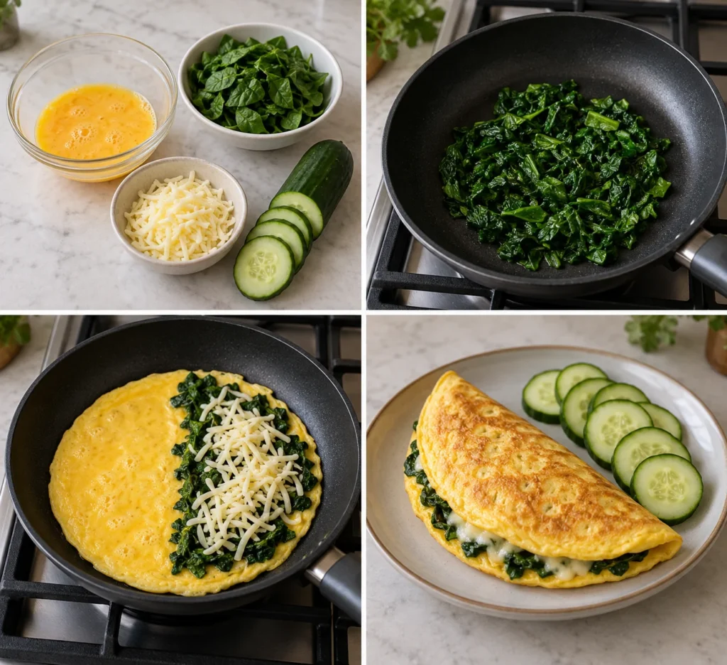 Lámina ilustrativa con ingredientes, espinaca salteada, omelette abierta con relleno en una mitad y plato final con pepino.