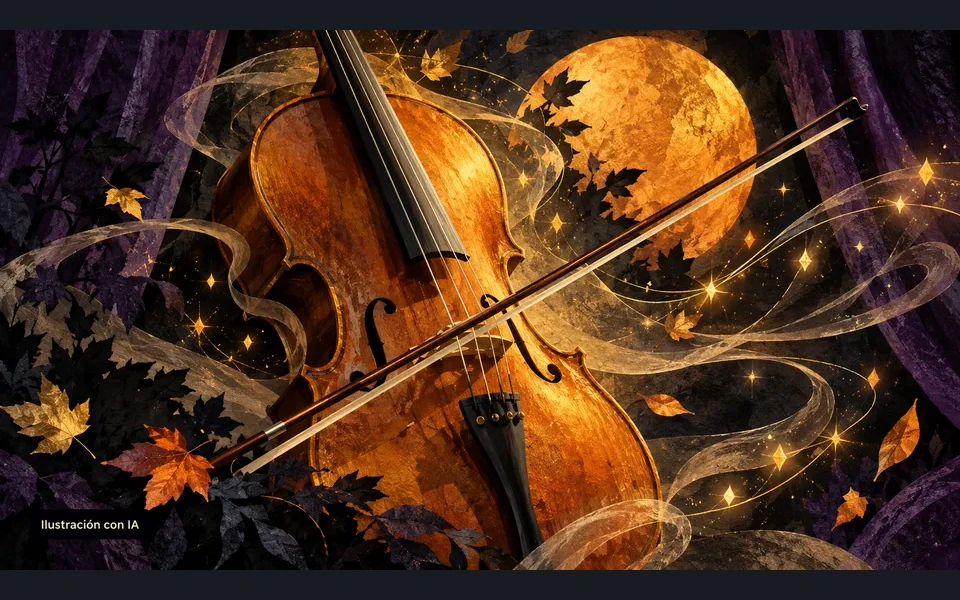 Ilustración editorial con IA: instrumento de cuerda y atmósfera de fantasía. No es una fotografía del concierto.