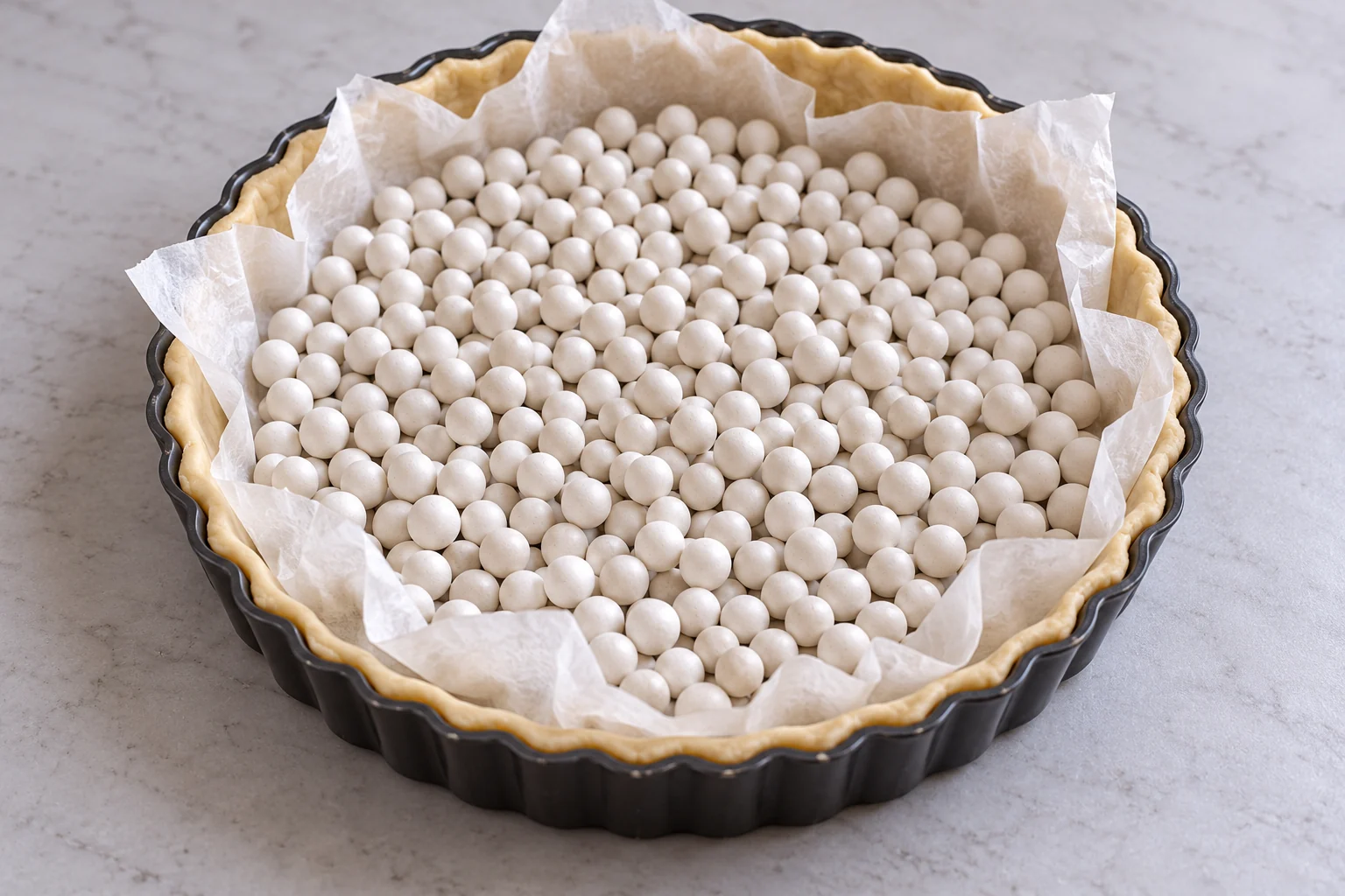 Molde de tarta con la masa cubierta por papel de horno y pesos cerámicos.